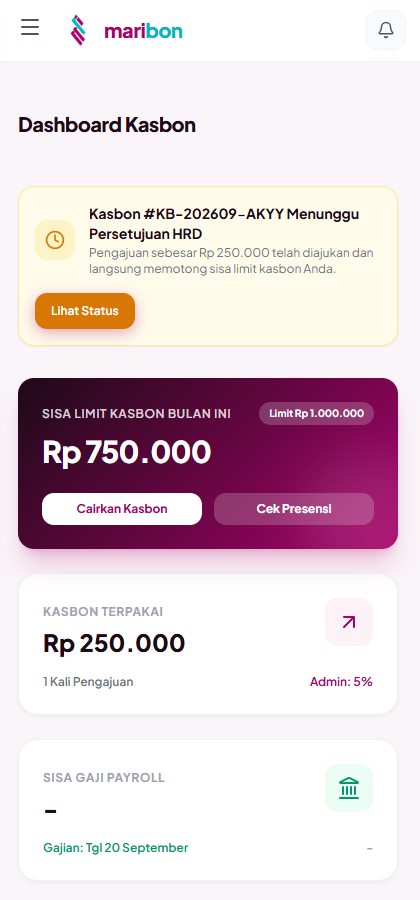 Dashboard Kasbon MARIBON Mobile App - Tampilan Sisa Limit, Status Menunggu HRD, Kasbon Terpakai, dan Sisa Gaji Payroll